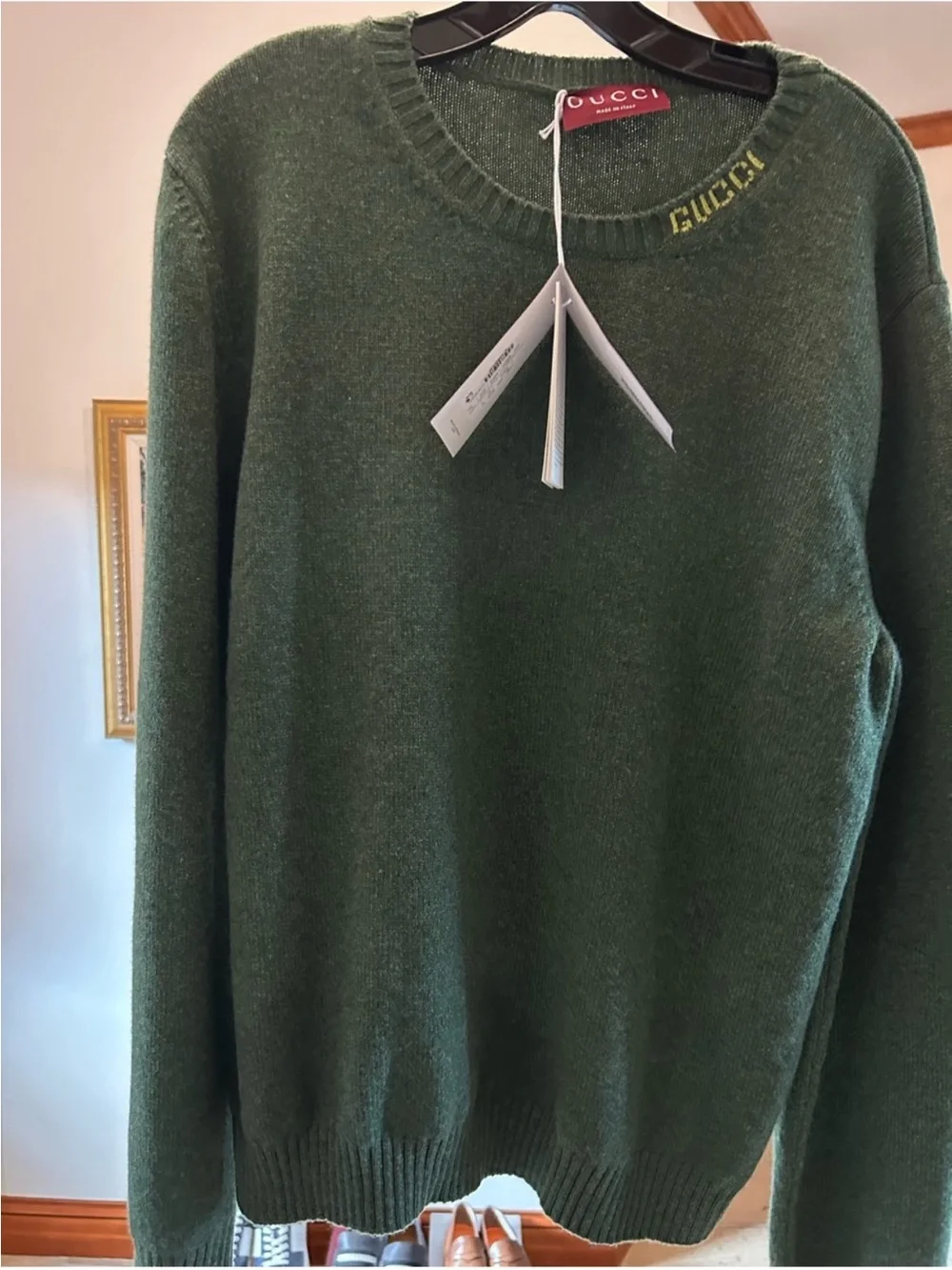 Men’s Gucci, green felted wool crewneck gold logo sweater size XXL made in Italy